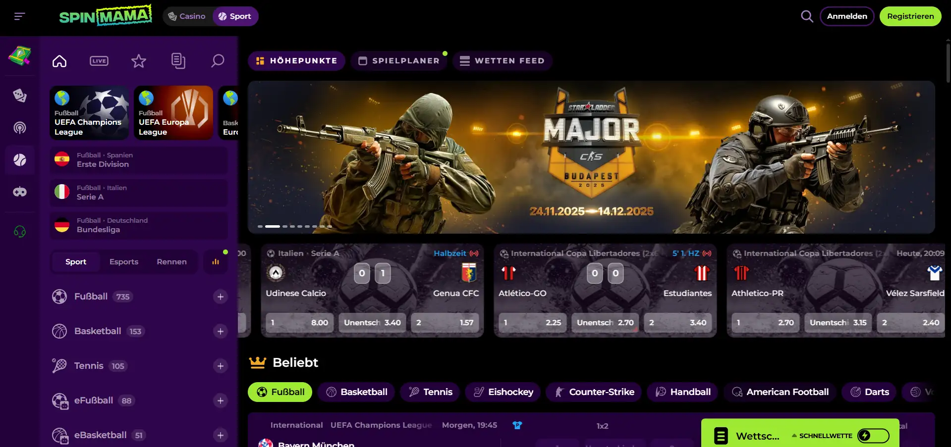 spinmama Casino-Menü